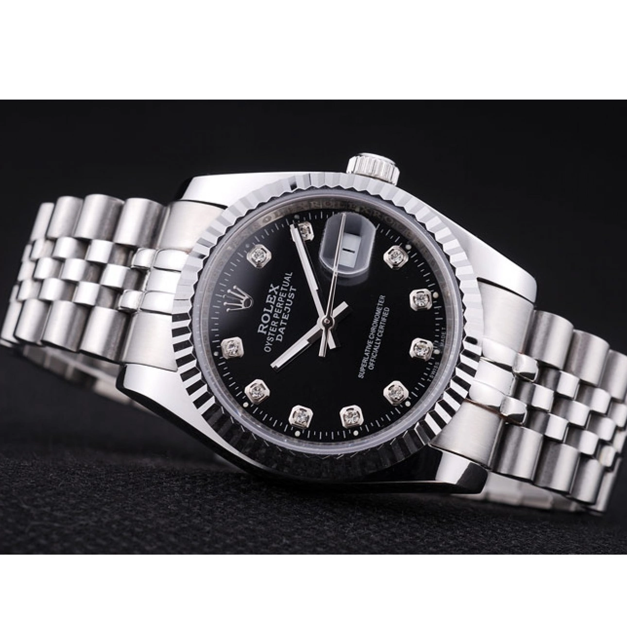 AAA Replica Watches Bezel Ribbed Diamonds Dial Black Rolex Datejust 7458 0612